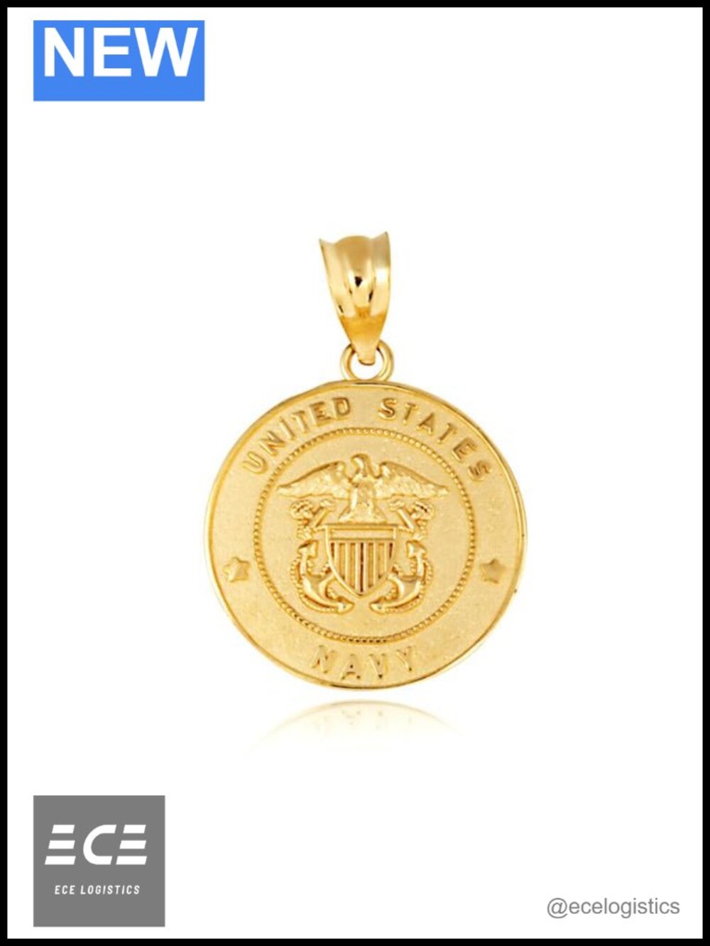 14K Solid Yellow Gold Navy Shield Eagle Anchor Pendant Necklace